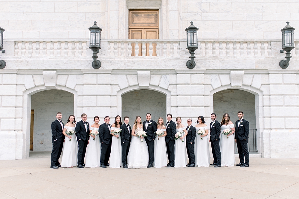 Detroit Black tie wedding by Erika Christine Photography. White Bridesmaids dresses